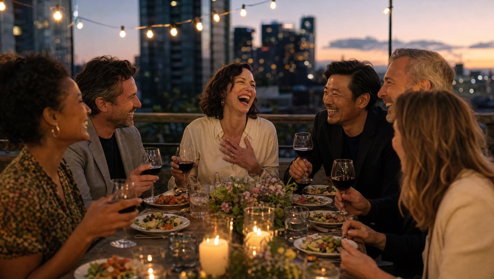 A woman laughing at a sunlit lunch table with friends