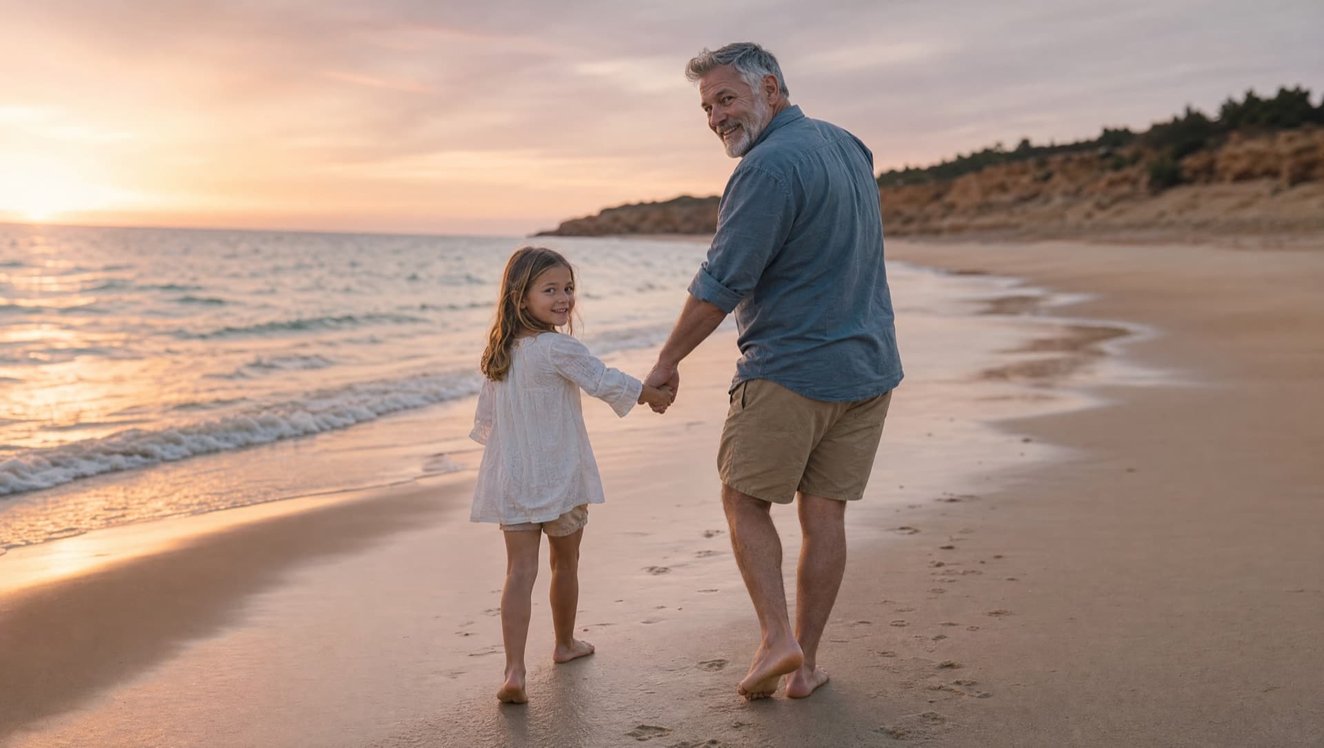 A grandfather walking on the beach hand-in-hand with his grandchild
