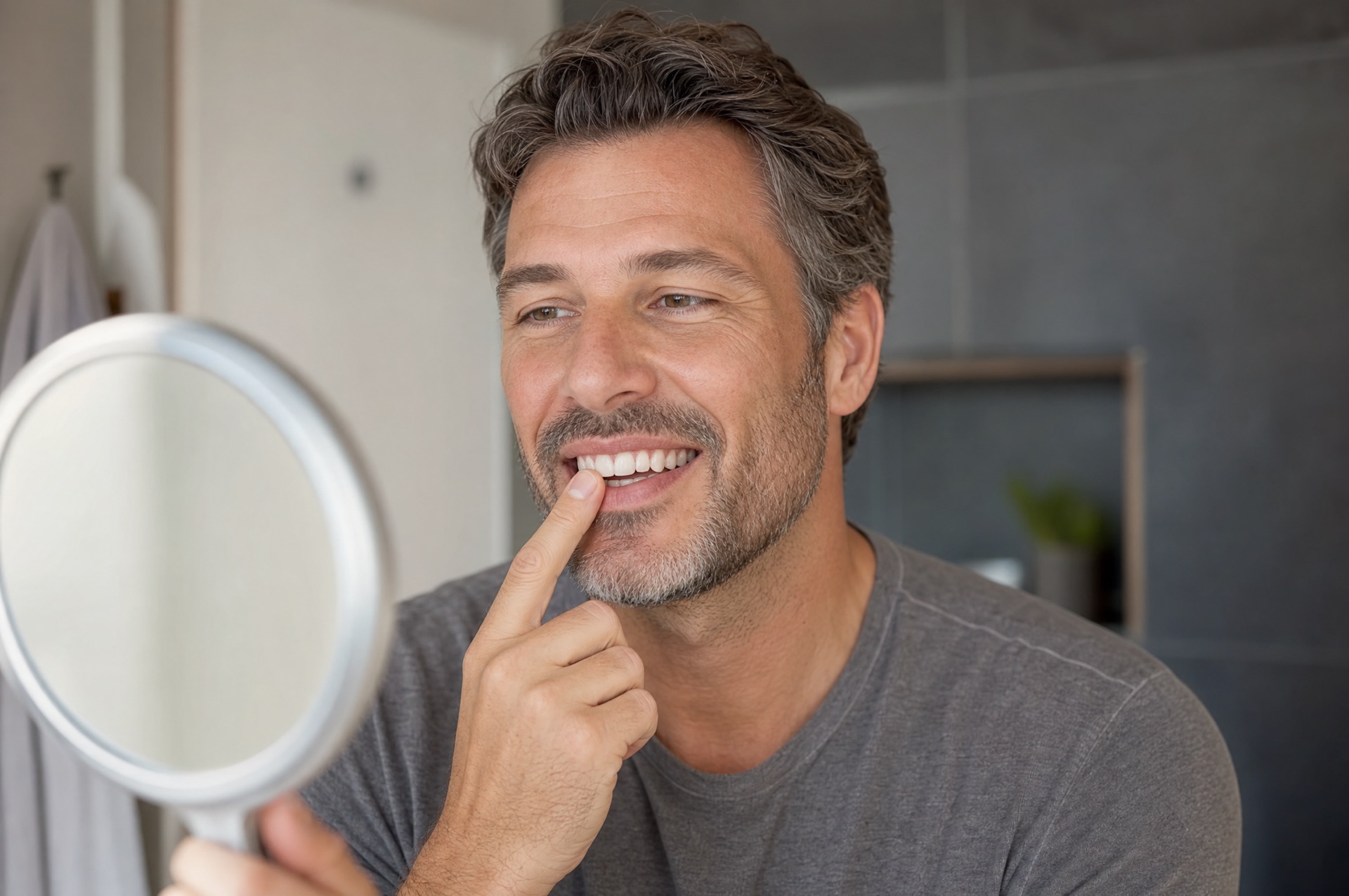 A man pointing at his restored front tooth in a hand mirror, smiling