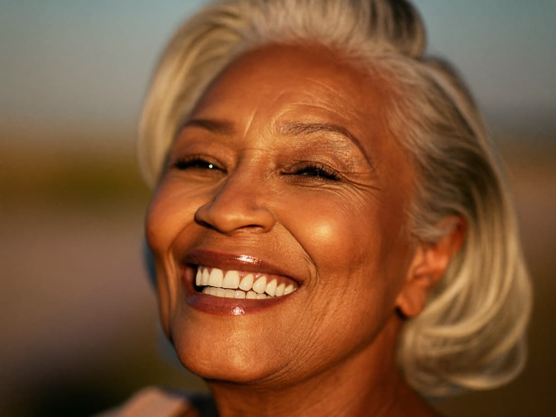 A radiant woman in her seventies smiling joyfully